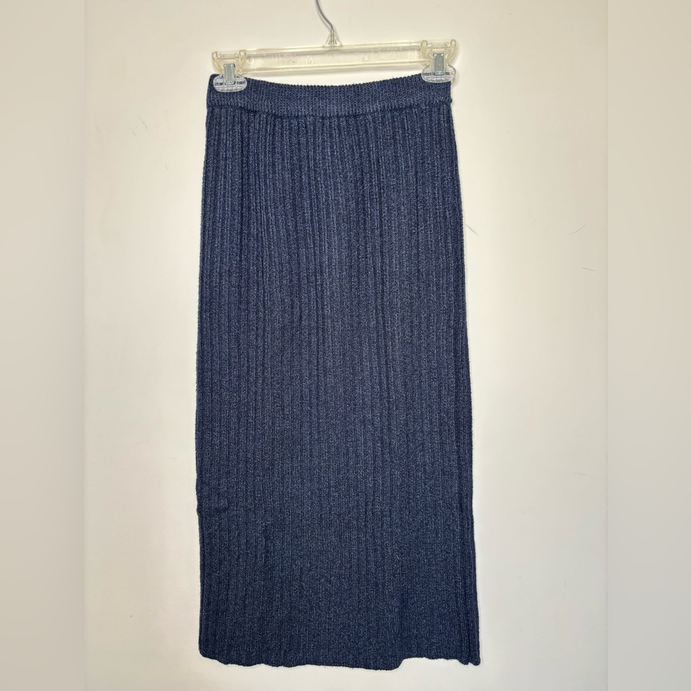 BN6 Erika Ribbed Knit Midi Pencil Skirt Navy Blue Small Minimalist Elastic Waist